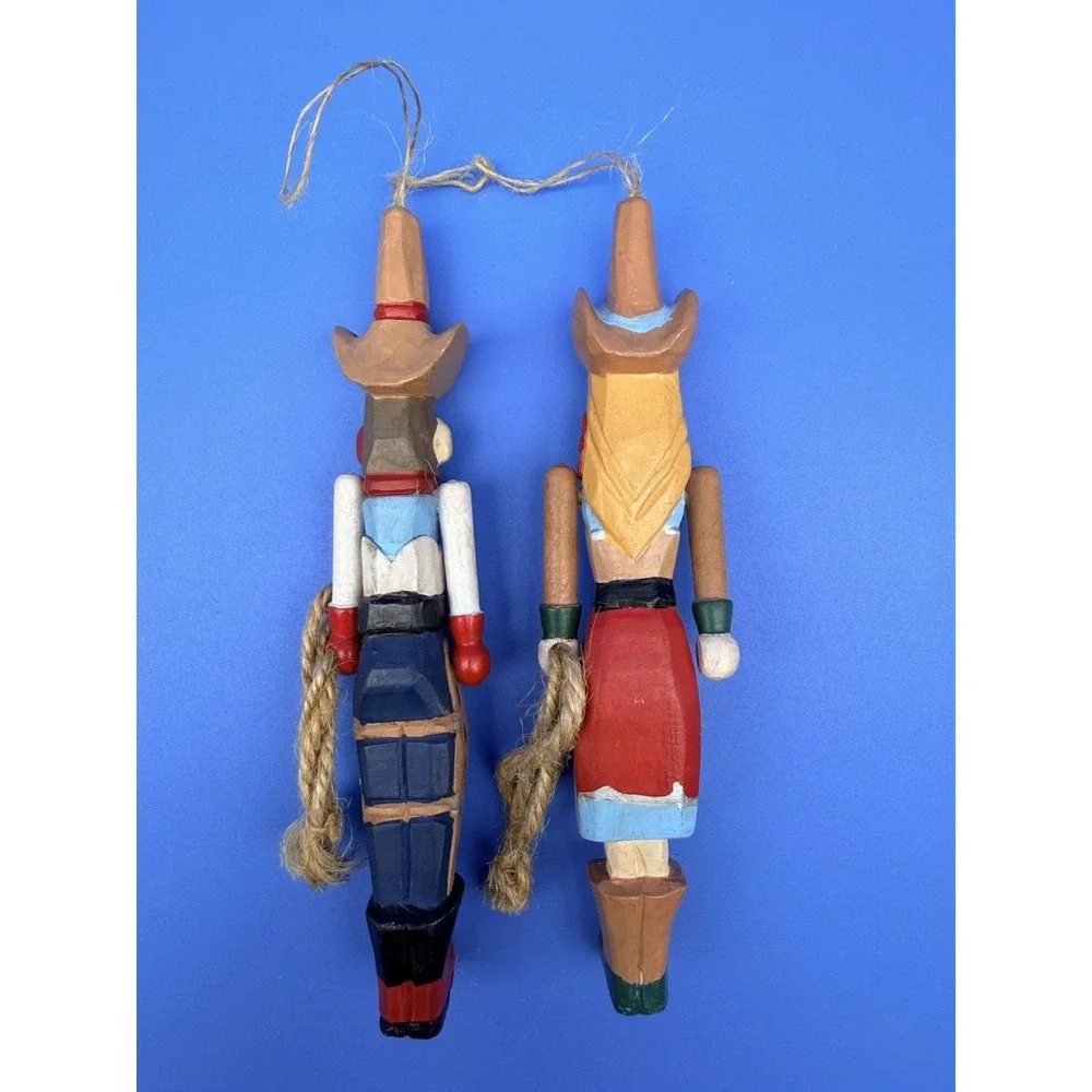 Vintage Wood Cowboy Cowgirl Christmas Ornaments Pair Western Folk Art Rope